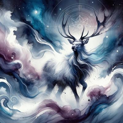 The primary subject of the image is a large, horned animal, possibly a goat or a deer, standing in a purple and blue sky. The setting appears to be a celestial or magical environment, with the animal surrounded by a swirling, colorful mist. The visual style of the image is a combination of digital art and illustration, creating a surreal and dreamlike atmosphere. The dominant colors in the image are purple, blue, and white, which contribute to the overall mood of the scene